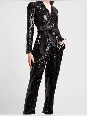 Express Black Sequin Long-Sleeve Jumpsuit with Sash